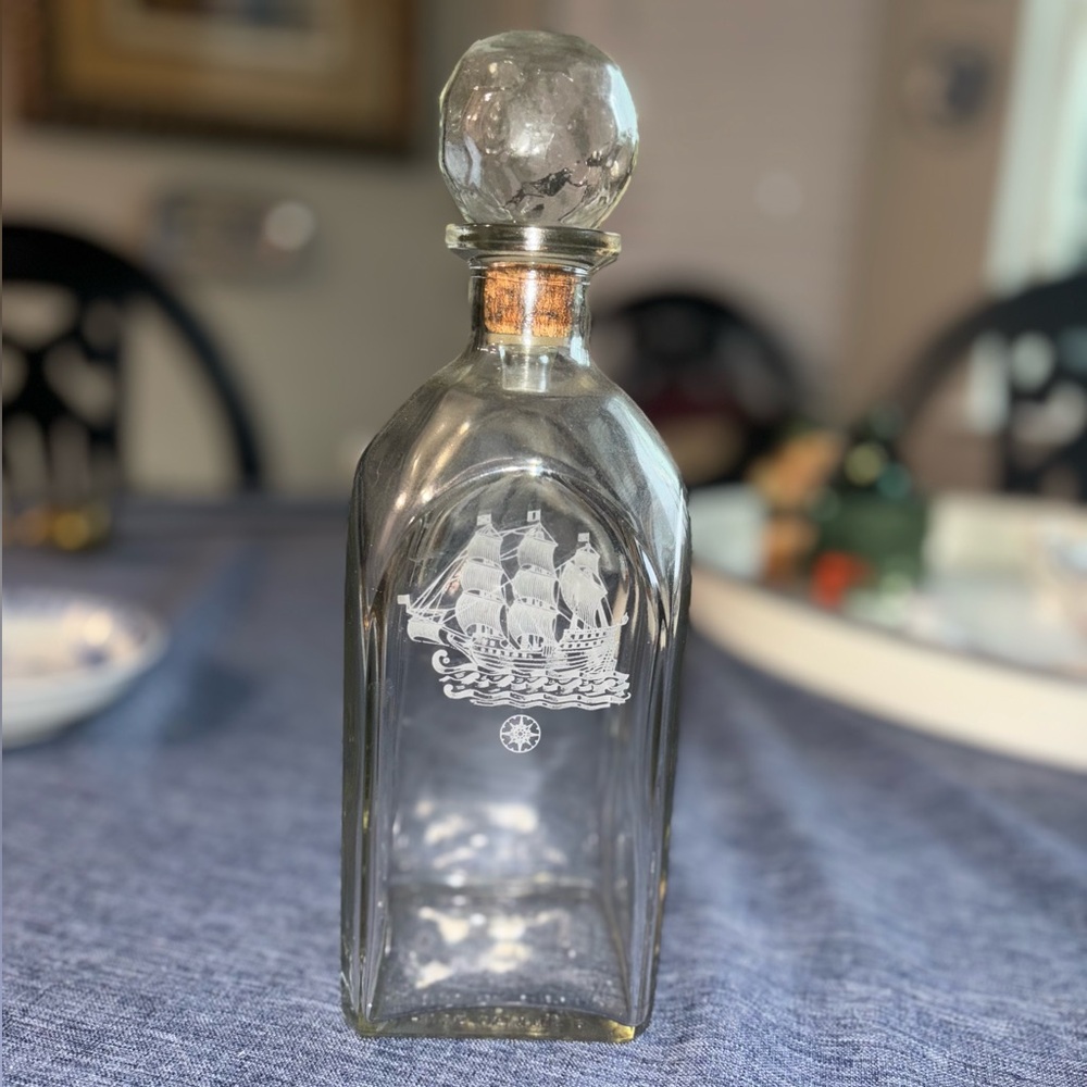 Vintage ARMSTRONG Clear Glass Ship Etched Decanter With Glass Stopper